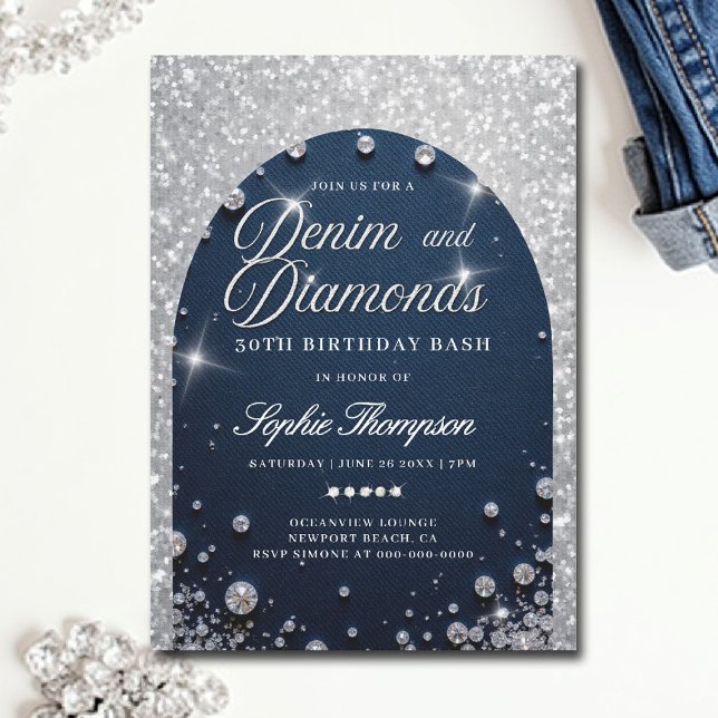 Denim Diamonds Arch Bling 30th Birthday Party Invitation (denim and diamonds birthday party invitations 30th 50th sweet 16 elegant classy blue white bling)