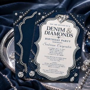 Denim & Diamonds Birthday Party Navy Blue Invitation