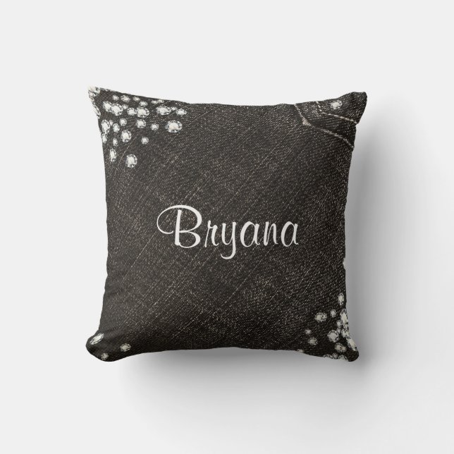 Denim & Diamonds Black Jeans with Bling Glamour Throw Pillow (Front)