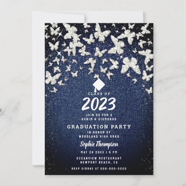 Denim Diamonds Bling Butterflies Graduation Party Invitation (Front)