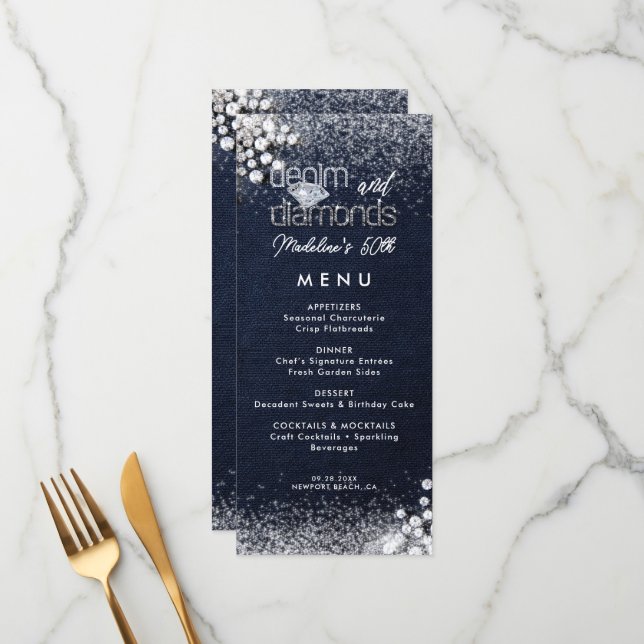Denim Diamonds Bling Classy Elegant Birthday Party Menu (Front/Back In Situ)
