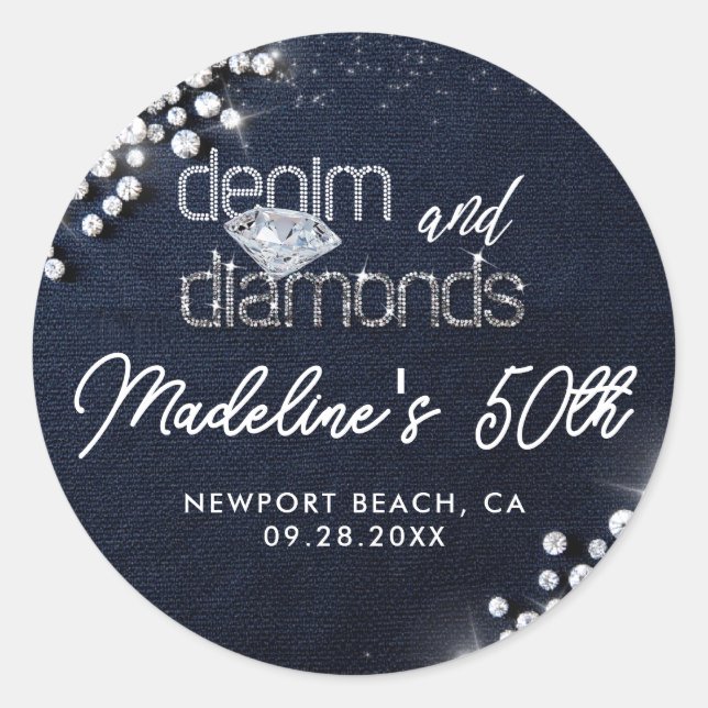 Denim Diamonds Bling Classy Elegant Party Custom Classic Round Sticker (Front)