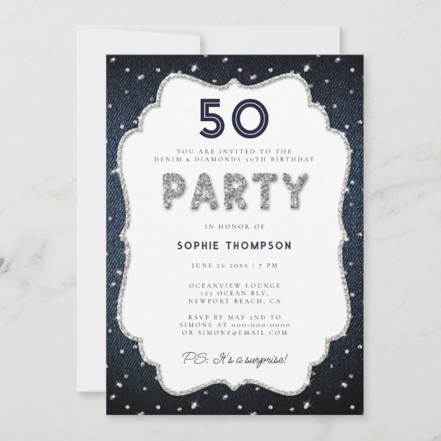 Denim Diamonds Bling Frame 50th Birthday Party Invitation (Front)