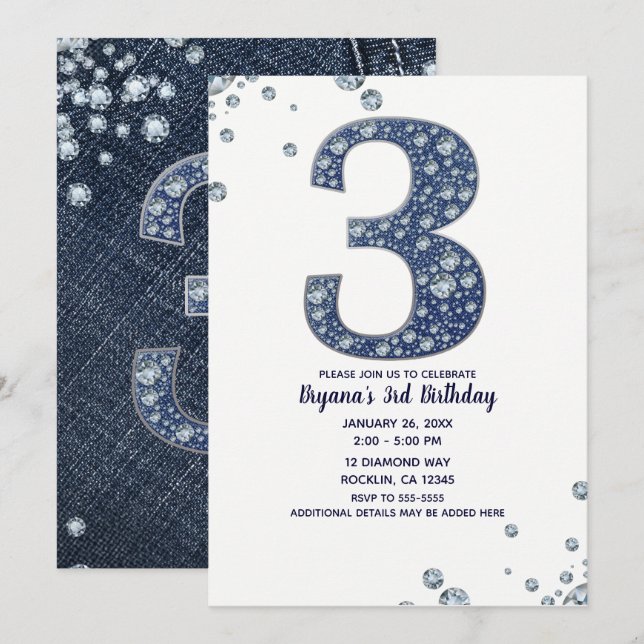 Denim & Diamonds Bling Sparkle 3rd 3 Birthday Invitation (Front/Back)