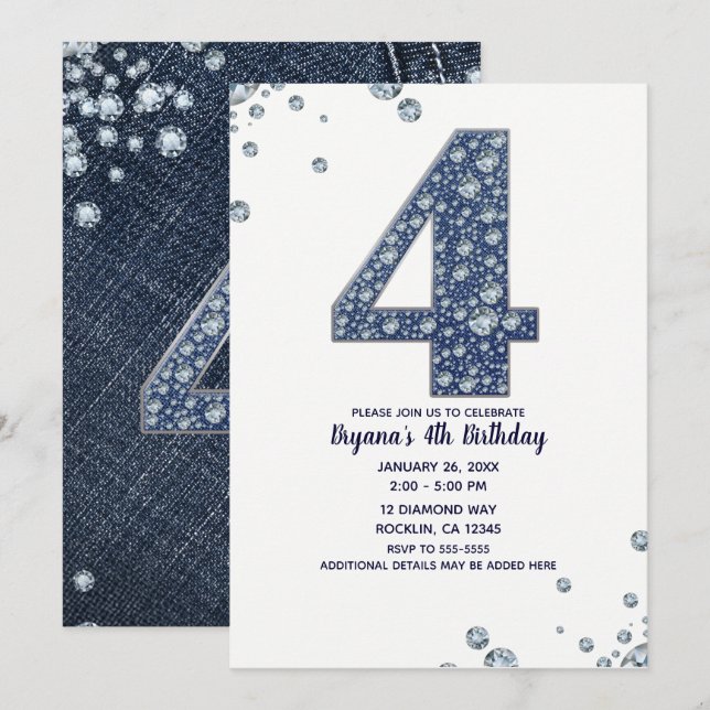 Denim & Diamonds Bling Sparkle 4th 4 Birthday Invitation (Front/Back)