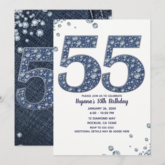 Denim & Diamonds Bling Sparkle 55TH 55 Birthday Invitation (Front/Back)