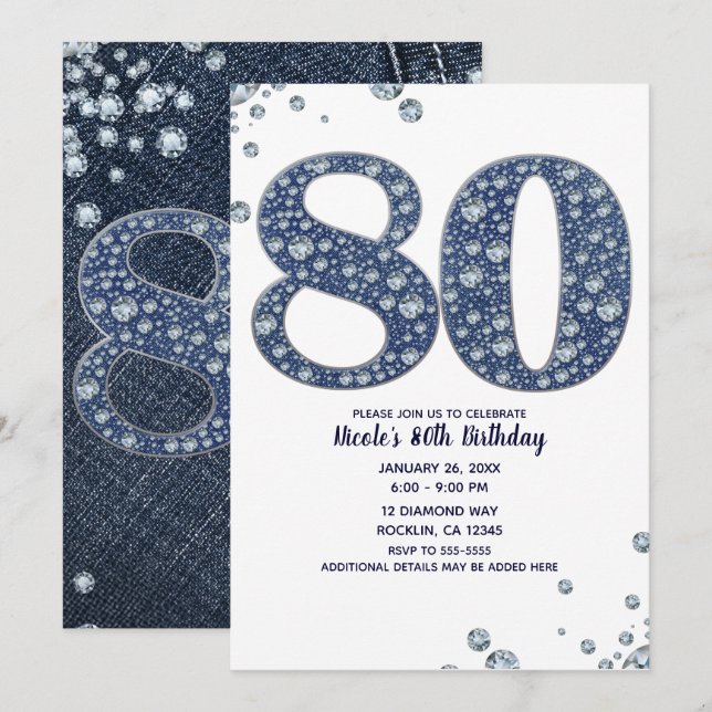 Denim & Diamonds Bling Sparkle 80TH 80 Birthday Invitation (Front/Back)