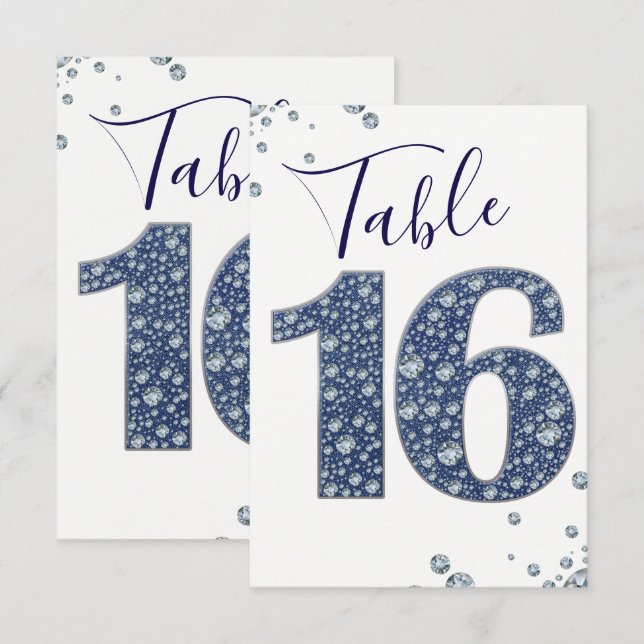 Denim & Diamonds Bling Sparkle Numéro de Table 16 (Devant / Derrière)