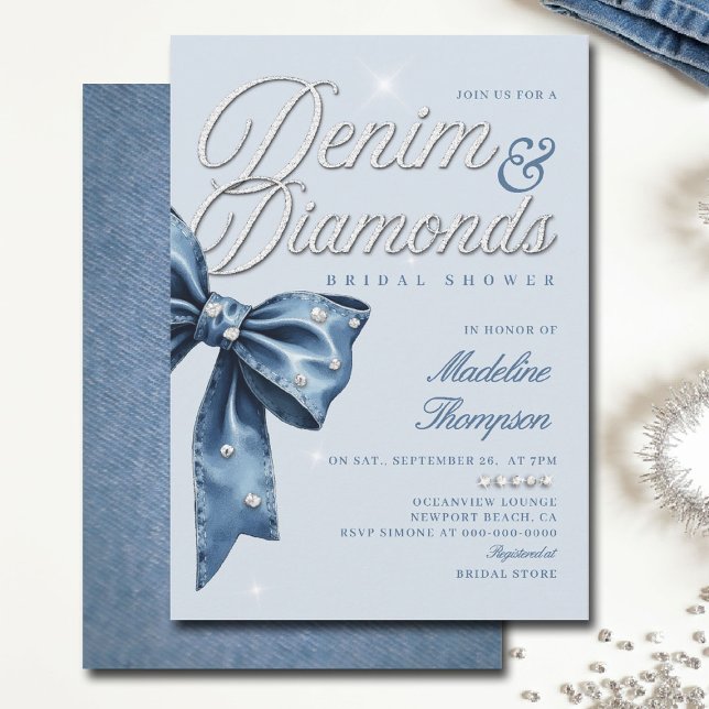 Denim Diamonds Blue Bow Chic Glam Bridal Shower Invitation (denim and diamonds bridal shower ideas invitation elegant bow classy script blue white template)