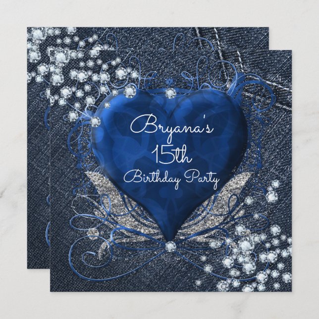 Denim & Diamonds Blue Heart Party Invitations (Devant / Derrière)