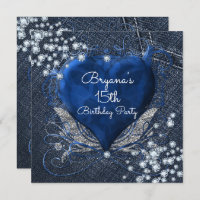 Denim & Diamonds Blue Heart Party Invitations