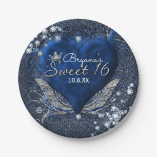Denim & Diamonds Blue Heart Sweet 16 Party Paper Plate