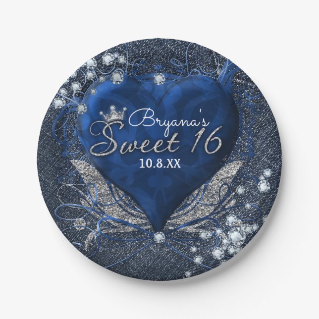 Denim & Diamonds Blue Heart Sweet 16 Party Paper Plate (Front)