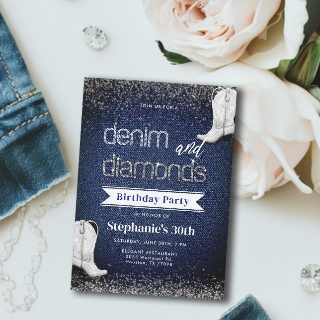 Denim Diamonds Blue White Boots Chic 30th Birthday Invitation (denim and diamonds birthday invitation cowgirl boots white blue elegant classy modern glitz bling)