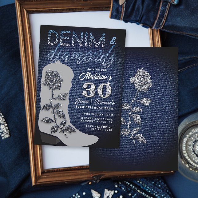 Denim Diamonds Cowgirl Boot Bling Birthday Party Invitation (Denim and Diamonds 30th Birthday Party Invitation for Women Cowgirl Boot Elegant Classy Rose)