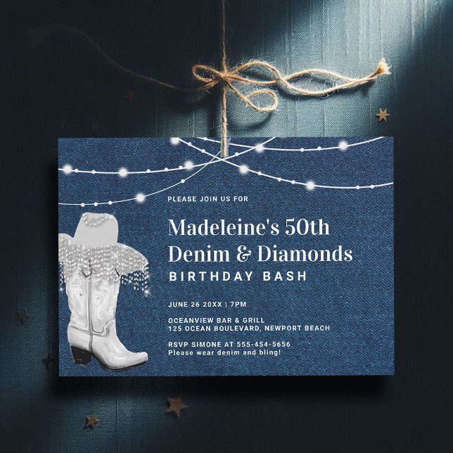 Denim Diamonds Cowgirl Boot Hat Glam 50th Birthday Invitation (denim diamonds 50th birthday invitation for women elegant classy rustic glam cowgirl boots hat)