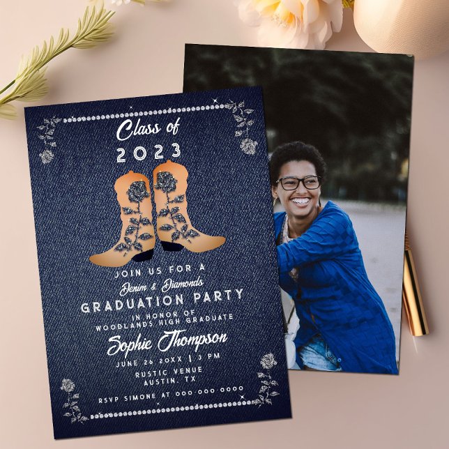 Denim Diamonds Cowgirl Boot Photo Graduation Party Invitation (Creator Uploaded)