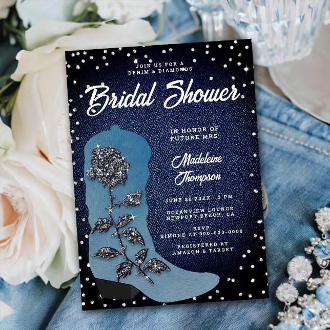 Denim Diamonds Cowgirl Boot  Rose Bridal Shower Invitation (Creator Uploaded)