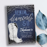 Denim Diamonds Cowgirl Boots Country 50th Birthday Invitation<br><div class="desc">A modern rustic , elegant and chic 50th birthday party invitation for women with a denim and diamonds theme. It features a denim background, a white, statement pair of cowgirl boots in acrylic painting and typography in white, with custom calligraphy on the word "diamonds" that also has a rhinestones effect....</div>