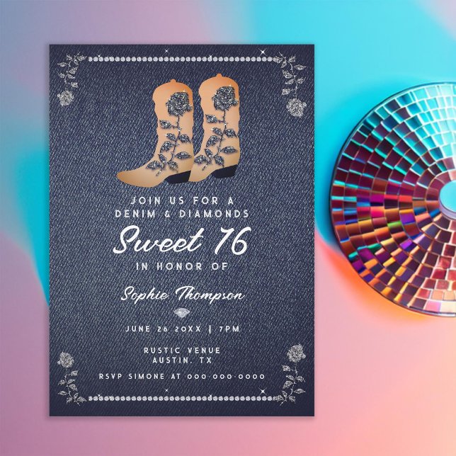 Denim Diamonds Cowgirl Boots Roses Sweet 16 Invitation (denim and diamonds sweet 16 rustic cowgirl boots rhinestones roses frame elegant classy chic girly)