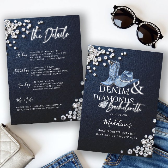 Denim Diamonds Cowgirl Chic Bachelorette Itinerary Invitation (denim diamonds bachelorette party itinerary invitation cowgirl hat boots calligraphy modern classy)