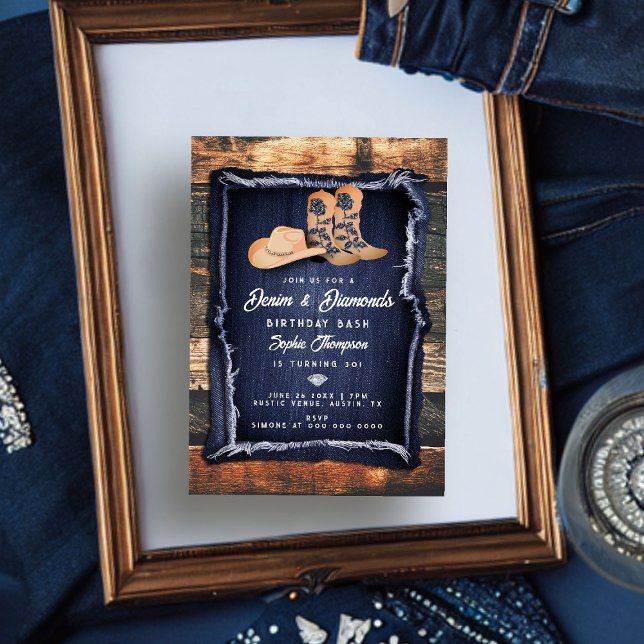 Denim Diamonds Cowgirl Chic Rustic Birthday Party Invitation (denim diamonds birthday party invitation rustic wood blue white cowgirl chic boots hat bling classy)