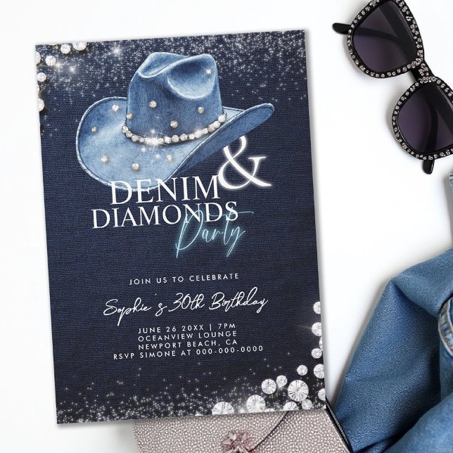 Denim Diamonds Cowgirl Hat 30th Birthday Party Invitation (denim and diamonds 30th birthday party invitation blue white cowgirl hat bling sparkles classy)