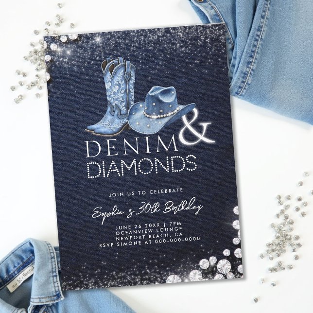 Denim Diamonds Cowgirl Hat Boots 30th Birthday Invitation (denim and diamonds 30th birthday party invitation blue white cowgirl hat boots bling sparkles)