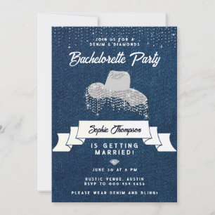 Denim Diamonds Cowgirl Hat Rhinestone Bachelorette Invitation