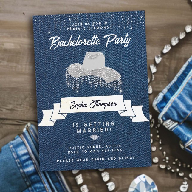 Denim Diamonds Cowgirl Hat Rhinestone Bachelorette Invitation (denim and diamonds bachelorette party elegant classy stylish rhinestones cowgirl hat)