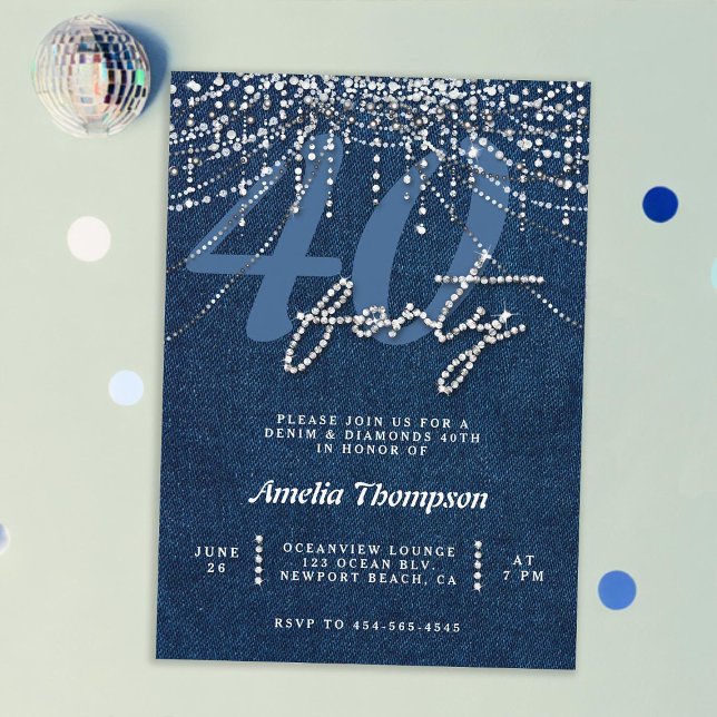 Denim Diamonds Drips Curtain 40th Birthday Party Invitation (denim diamonds 40th birthday invitation for women elegant classy rhinestones modern denim glitter)