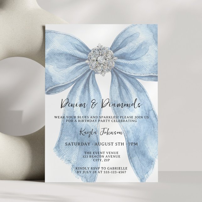 Denim Diamonds Elegant Blue Watercolor Bow Invitation (Creator Uploaded)