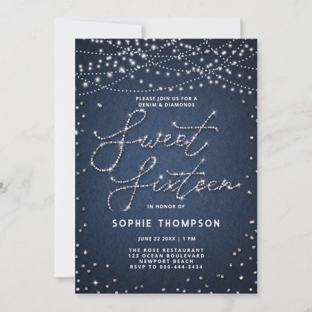 Denim Diamonds Elegant Glitter Blue Jeans Sweet 16 Invitation (Front)