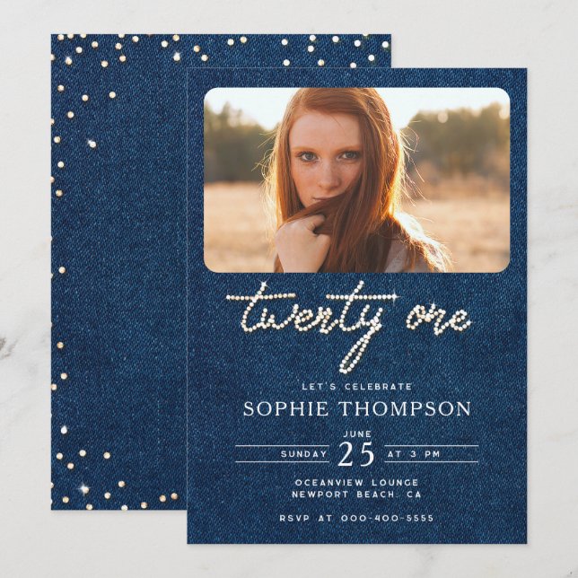 Denim Diamonds Elegant Modern 21st Birthday Photo Invitation (Front/Back)
