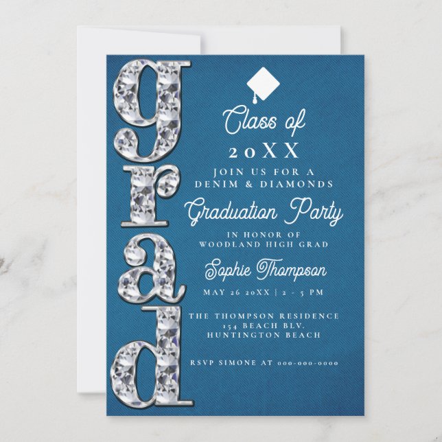 Denim Diamonds Elegant Script Graduation Party Invitation (Front)