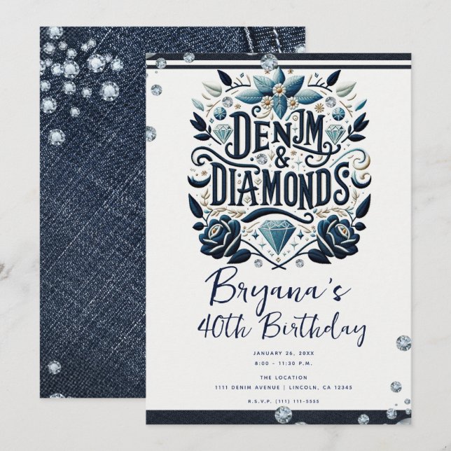 Denim & Diamonds Embroidered Floral Birthday Party Invitation (Front/Back)
