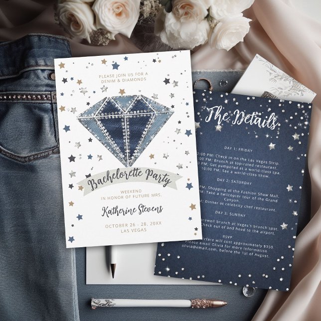 Denim Diamonds Fun Bachelorette Party Itinerary Invitation (denim and diamonds bachelorette party itinerary invitation template elegant classy modern chic white)