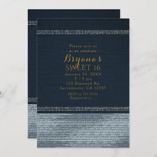 Denim & Diamonds Glam Bling Party Invitations (Front/Back)