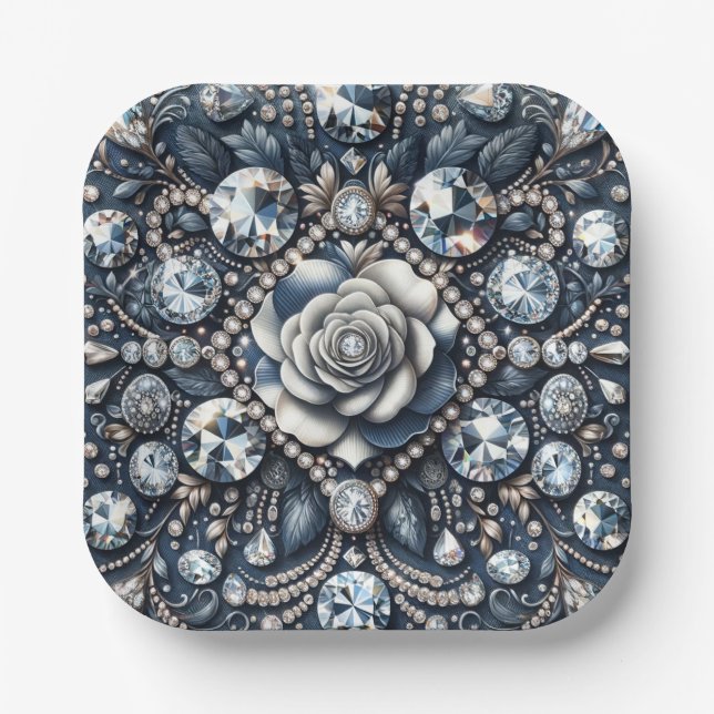 Denim & Diamonds Glam Bling Rose Birthday Party Paper Plate (Front)