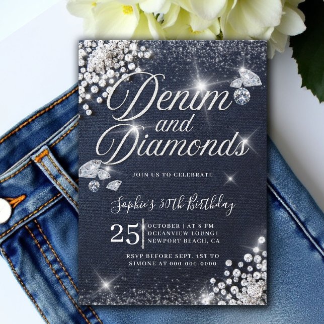 Denim Diamonds Glam Script Classy 30th Birthday Invitation (denim and diamonds 30th birthday party invite glam script glitz bling sparkle blue white)