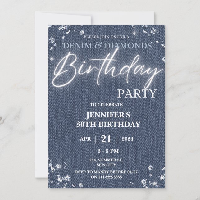 Denim Diamonds Glitter Bling Elegant Birthday Invitation (Front)