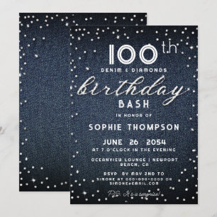Denim Diamonds Glitter Modern 100th Birthday Party Invitation