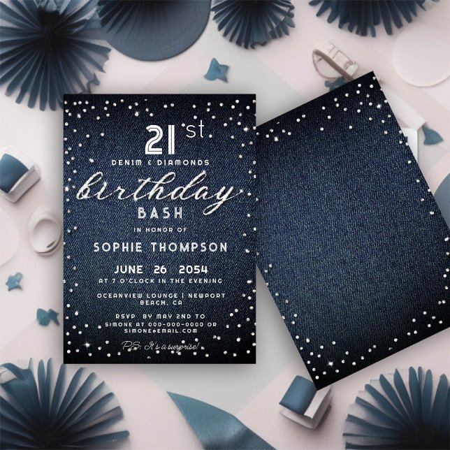 Denim Diamonds Glitter Modern 21st Birthday Party Invitation (Creator Uploaded)