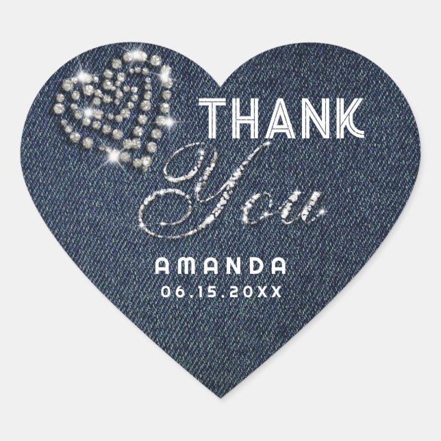 Denim Diamonds Glitter Rhinestone Heart Thank You Sticker (Front)