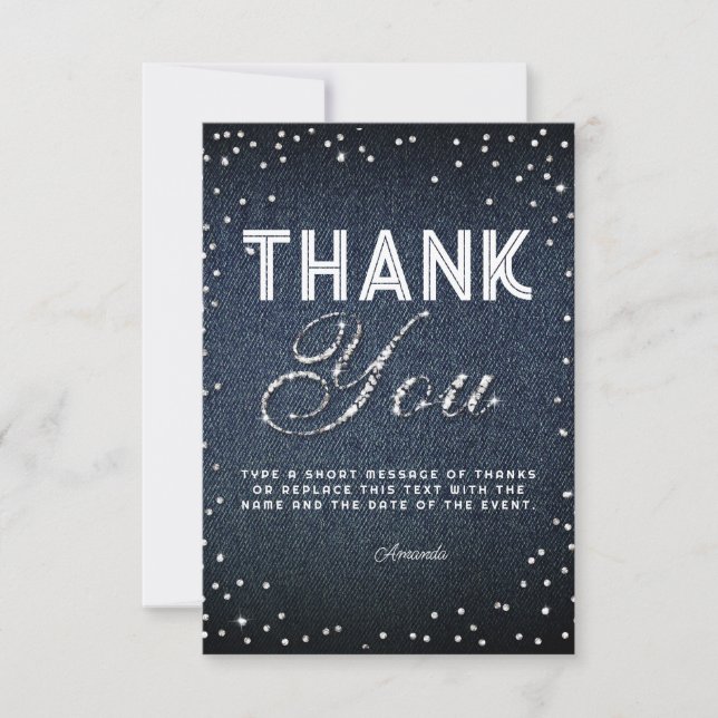 Denim Diamonds Glitter Rhinestones Chic Thank You Card (Front)