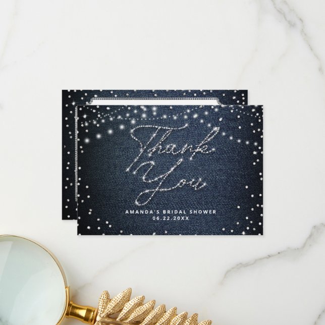 Denim Diamonds Glitter Rustic Lights Thank You Card (Front/Back In Situ)