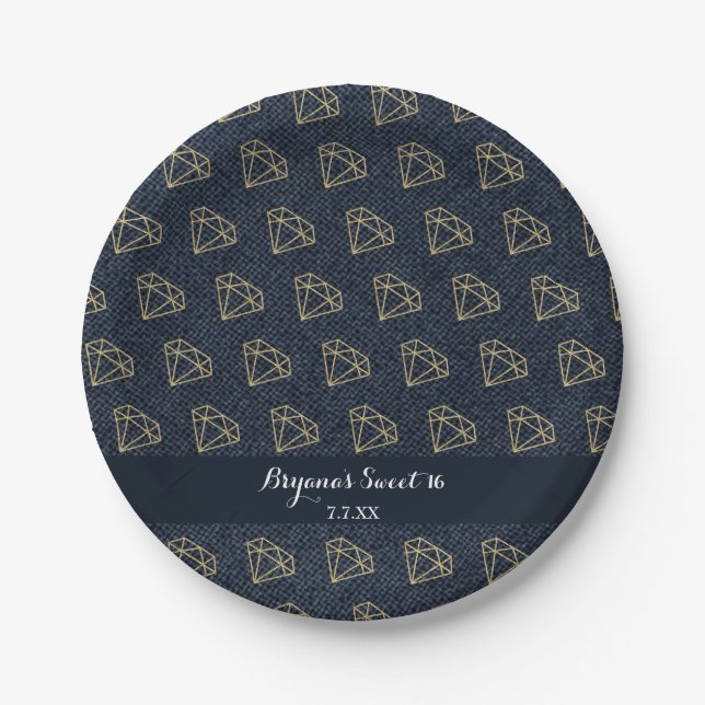 Denim & Diamonds Gold & Blue Bling Glam Party Paper Plate (Front)