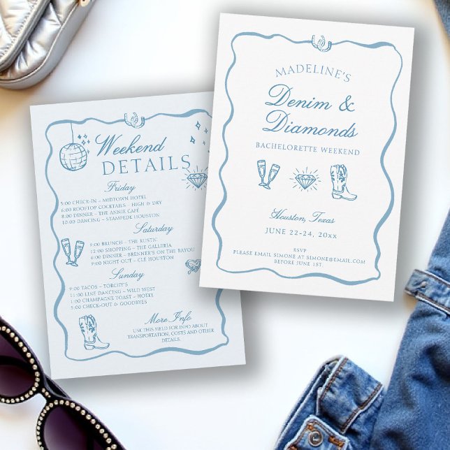 Denim Diamonds Hand Writing Bachelorette Weekend Invitation (denim diamonds bachelorette itinerary invitation hand written drawn cowgirl frame bow blue white)