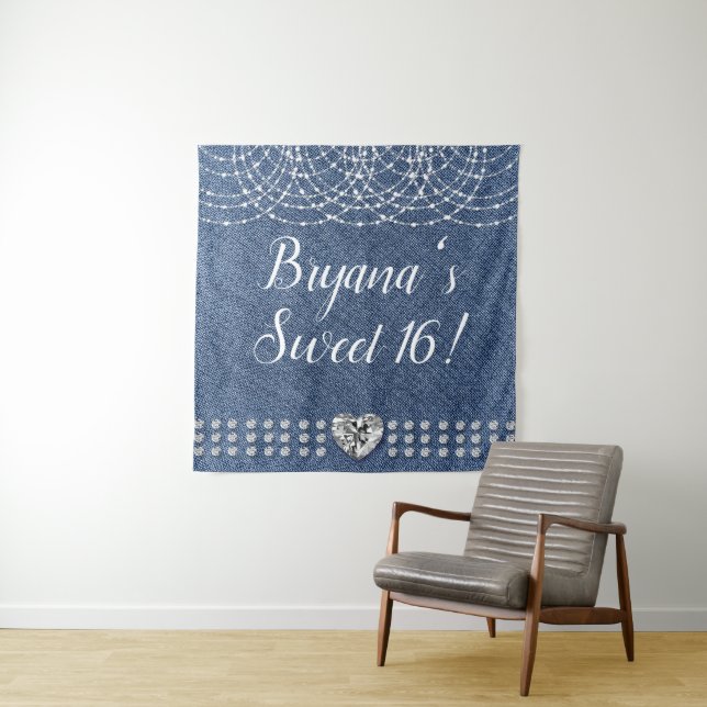 Denim & Diamonds Heart Birthday Party Backdrop Tapestry (In Situ)