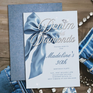 Denim Diamonds Light Blue Bow 30th Birthday Party Invitation